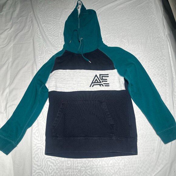 American Eagle AE Hoodie Teal Gray Navy Pullover Sweatshirt Medium - Picture 2 of 8
